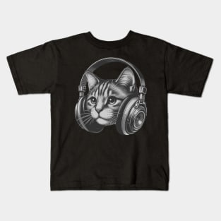 Kitty Cat with Headphones Music Vintage Kids T-Shirt